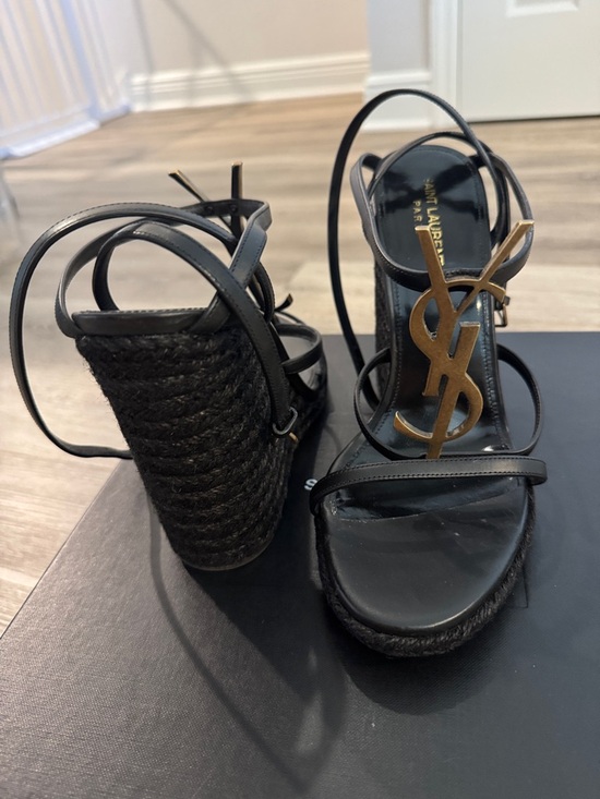 Saint Laurent Shoes - SAINT LAURENT 100mm Cassandra Sandals In Nero wegdes goldish logo hardware 40 9